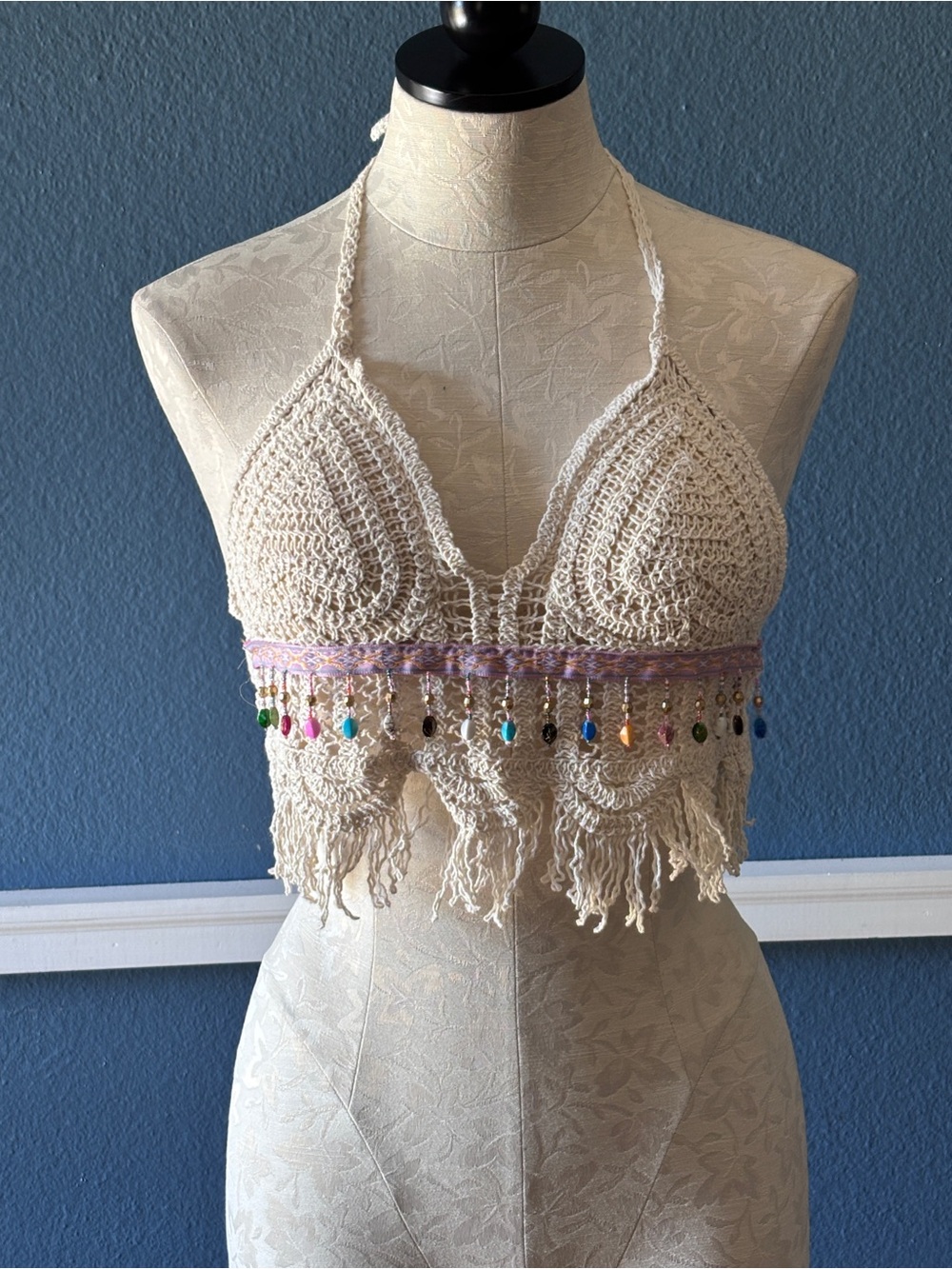 Women’s Padded Crochet Backless Boho Halter Top with Beaded Embellishments